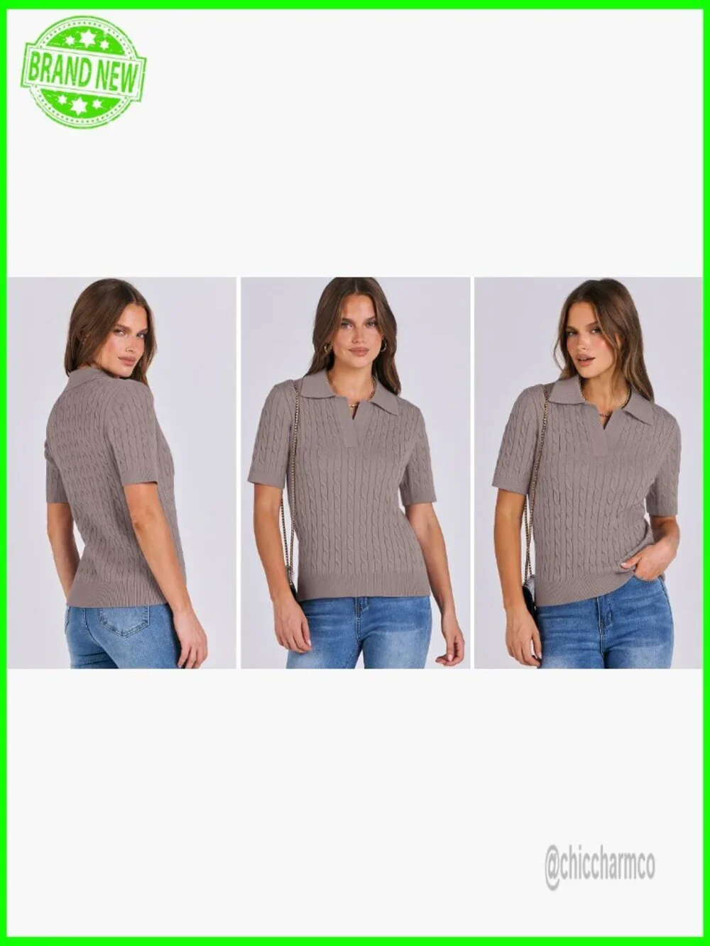 Short Sleeve V-Neck Cable Knit Sweater Top Loose Fit Summer Pullover